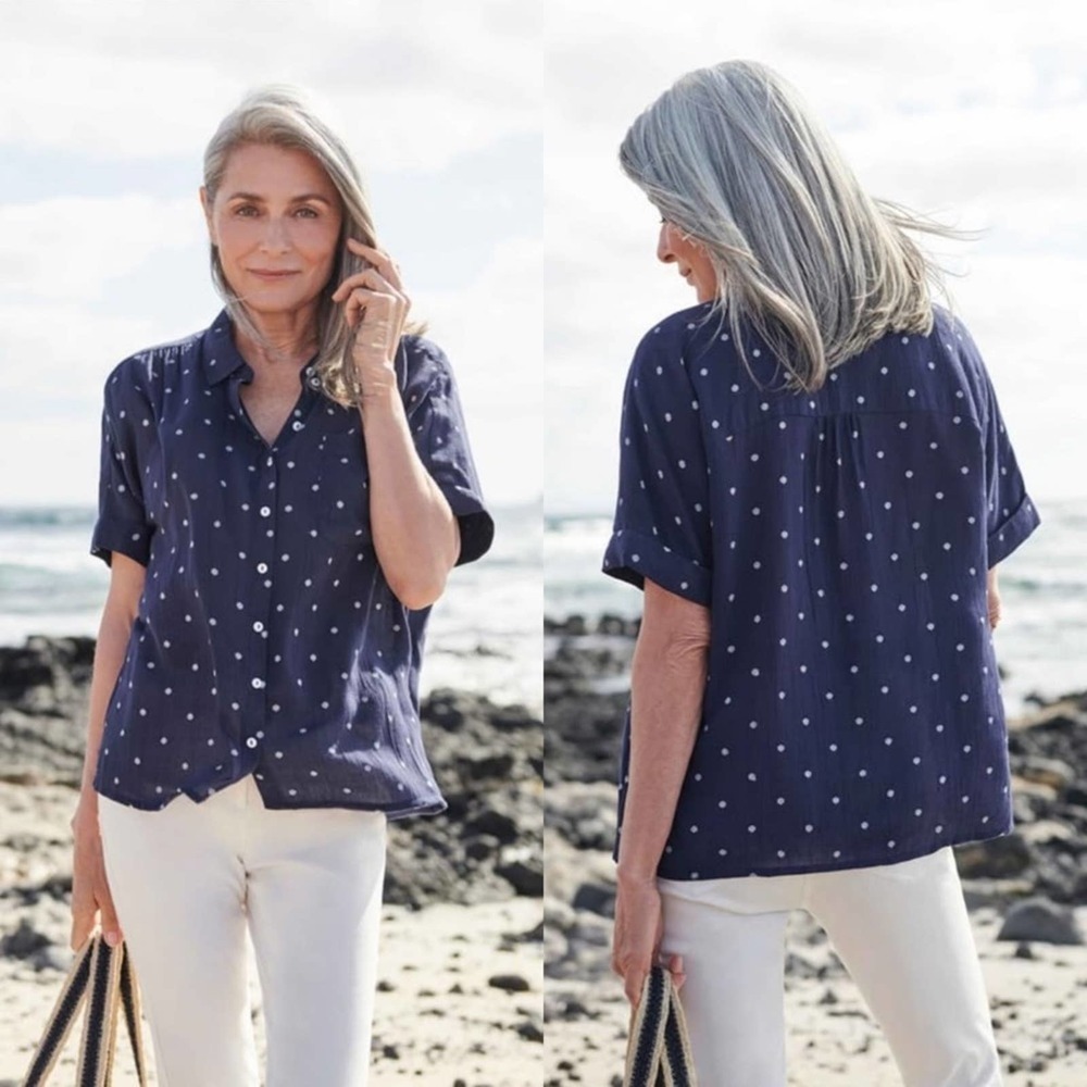 NWT WoolOvers Short Sleeve Embroidered Blouse in Navy Size US 10 $59
